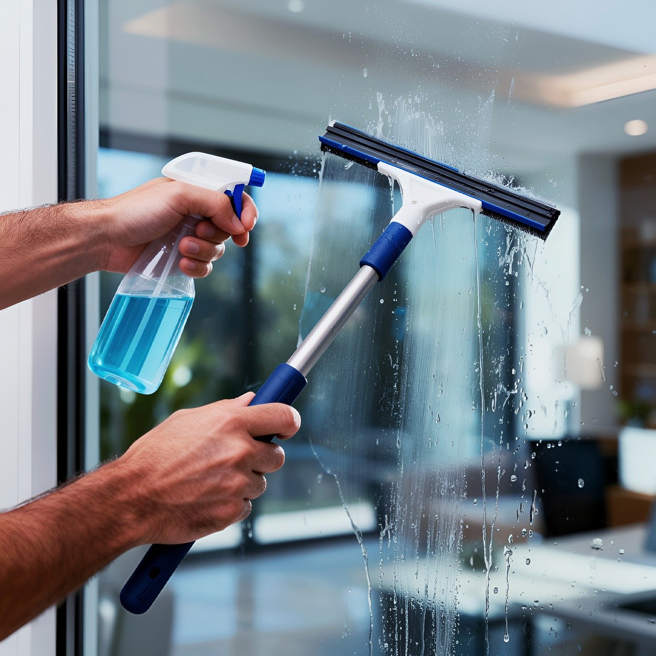 Home glass surface, glass, window, water, wet, droplets, cleaning tools, spray bottle, cleaning, housekeeping, service, window cleaning, glass cleaning, hygiene, maintenance, cleaning service, house cleaning, window washer
